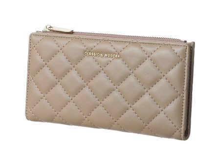 Women s Long Diamond Lattice Pattern Quilted Wallet with Golden Letters (Khaki) Online Hot Sale